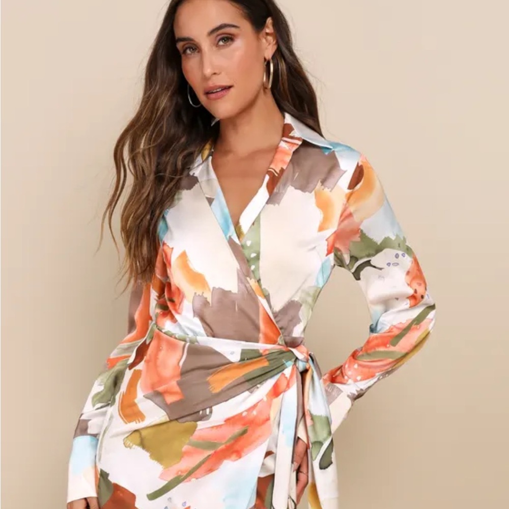 Painterly Perfection Ivory Multi-abstract Satin Wrap Minidresss
